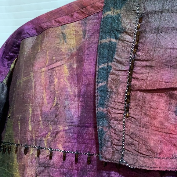 CHICOS BLOUSE PATCHWORK SILK/BEADED SZ 3 MAGENTA - Picture 3 of 6